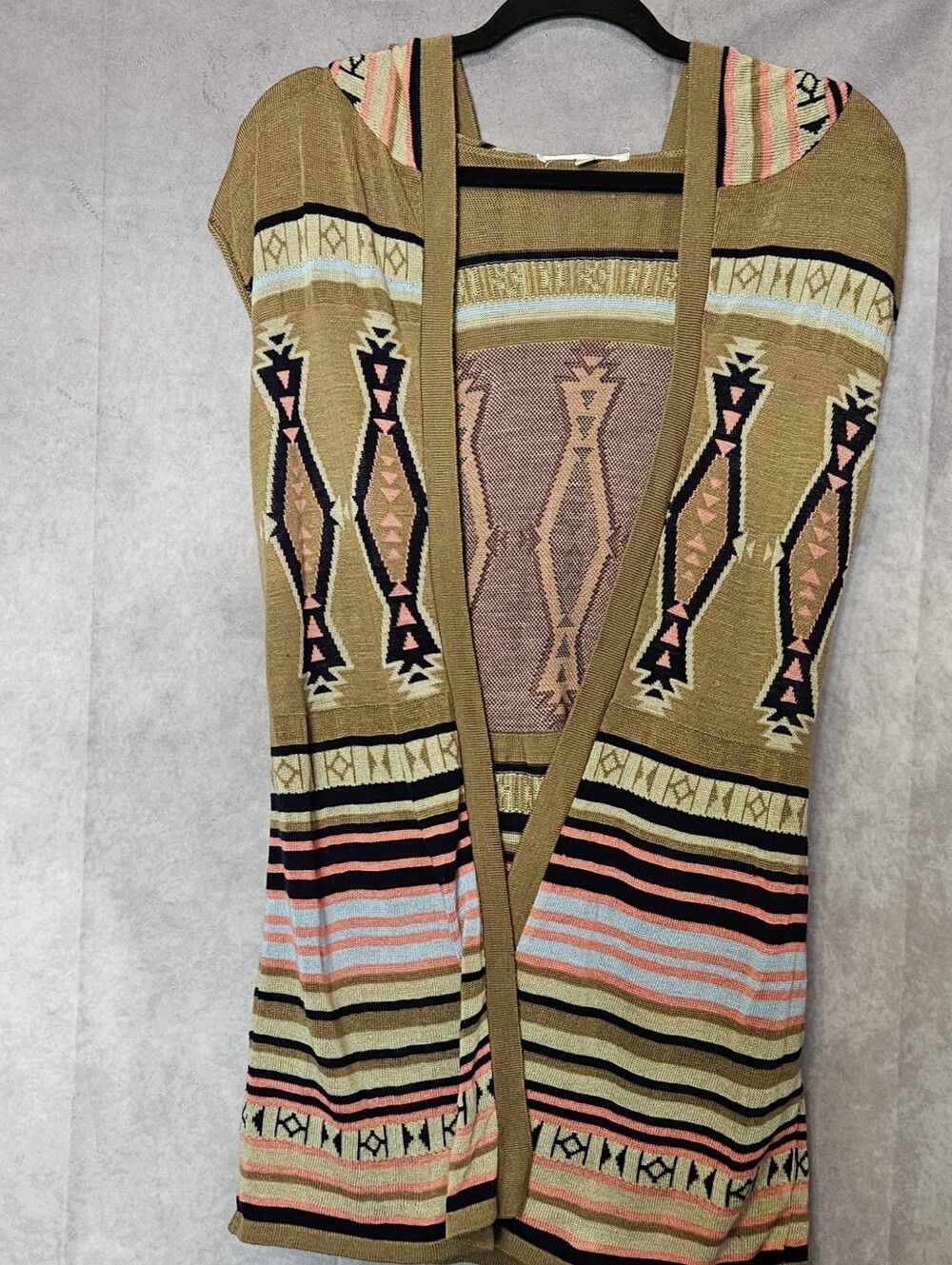 Say What? Womens M Aztec Tribal Cardigan Vest Hooded Open Front Knit Southwester